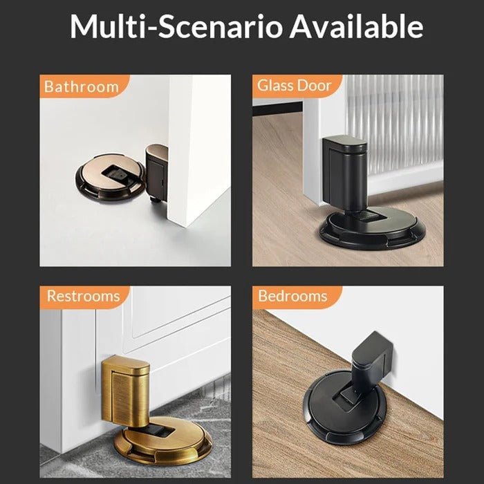 Belro heavy-duty adjustable door stopper mounted on a door, made of durable metal for secure door holding and gap protection.