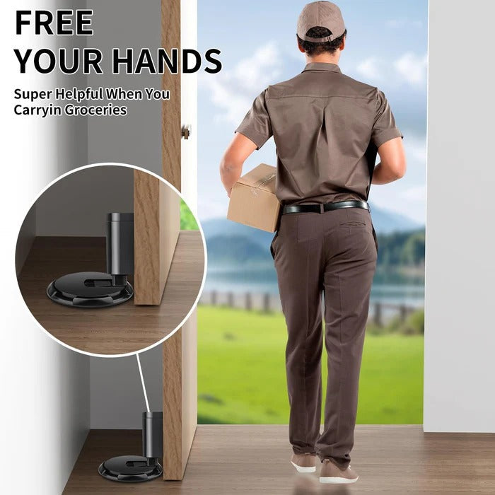 Belro heavy duty adjustable door stopper mounted on a door, made of durable metal for secure door hold and stability.