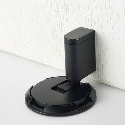 Belro heavy-duty adjustable door stopper mounted on a door, made of durable metal, designed to prevent door movement and damage.