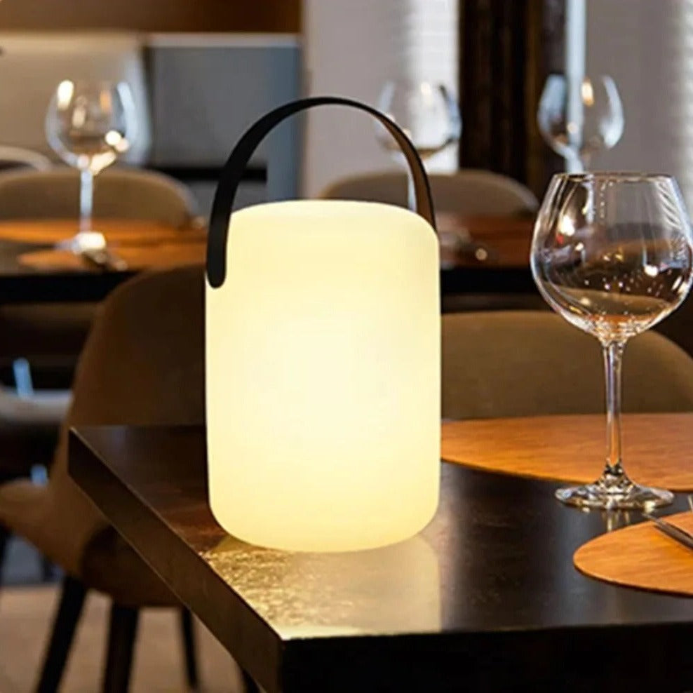 Belro cordless waterproof LED table lamp with integrated umbrella accessory, compact and versatile for outdoor lighting.