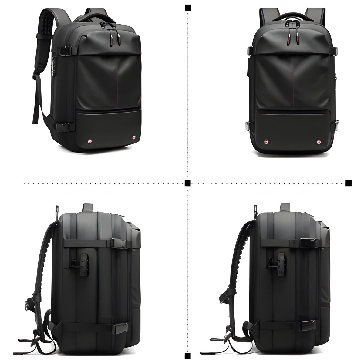Belro structured rucksack with internal compression system, featuring adjustable straps and multiple compartments for activewear storage.