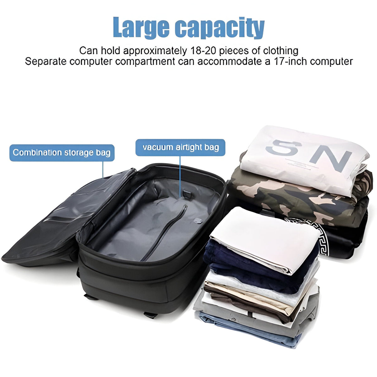 Belro structured rucksack with internal compression system, showing durable fabric, adjustable straps, and organized internal compartments.