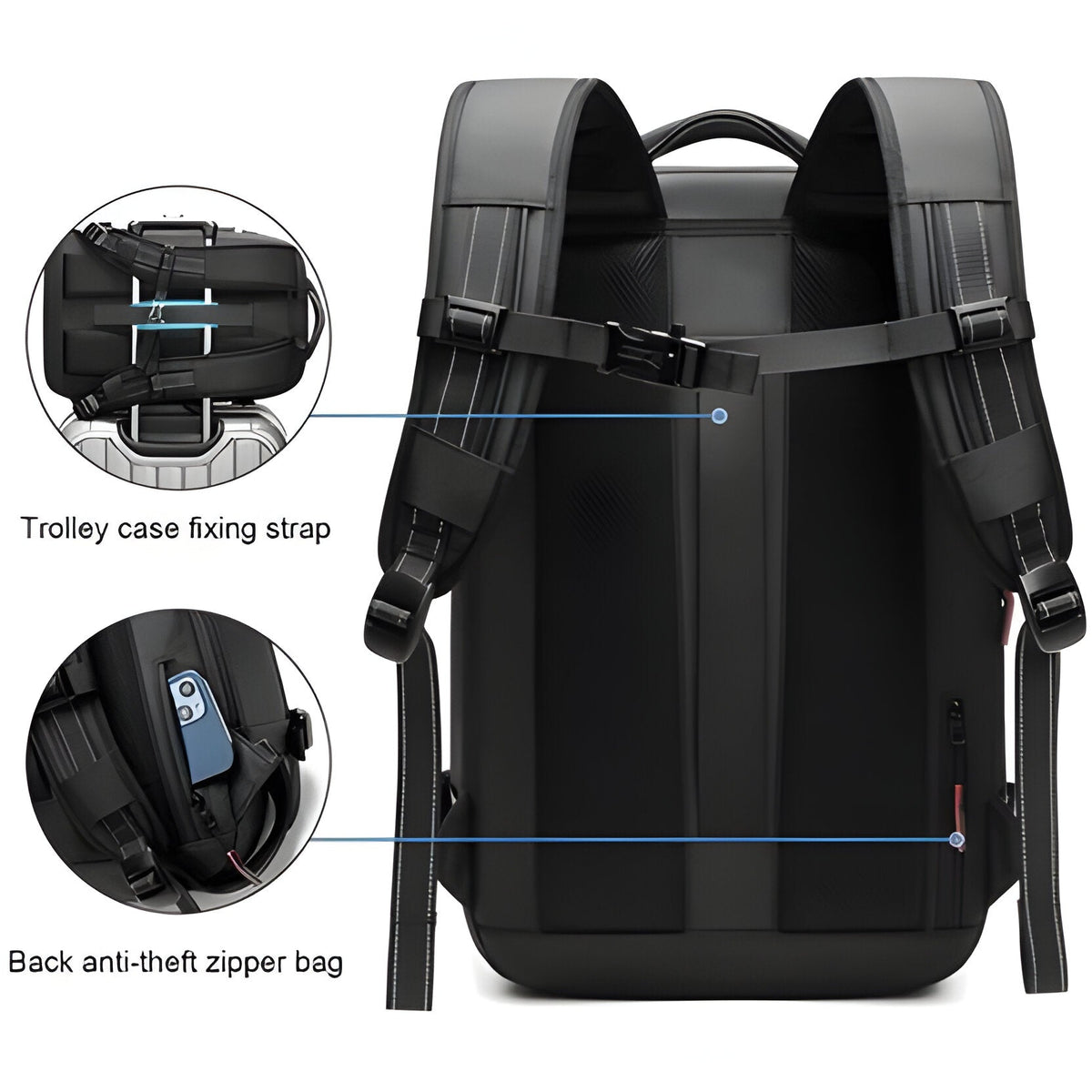 Belro structured rucksack with internal compression system, featuring adjustable straps and multiple compartments for activewear storage.