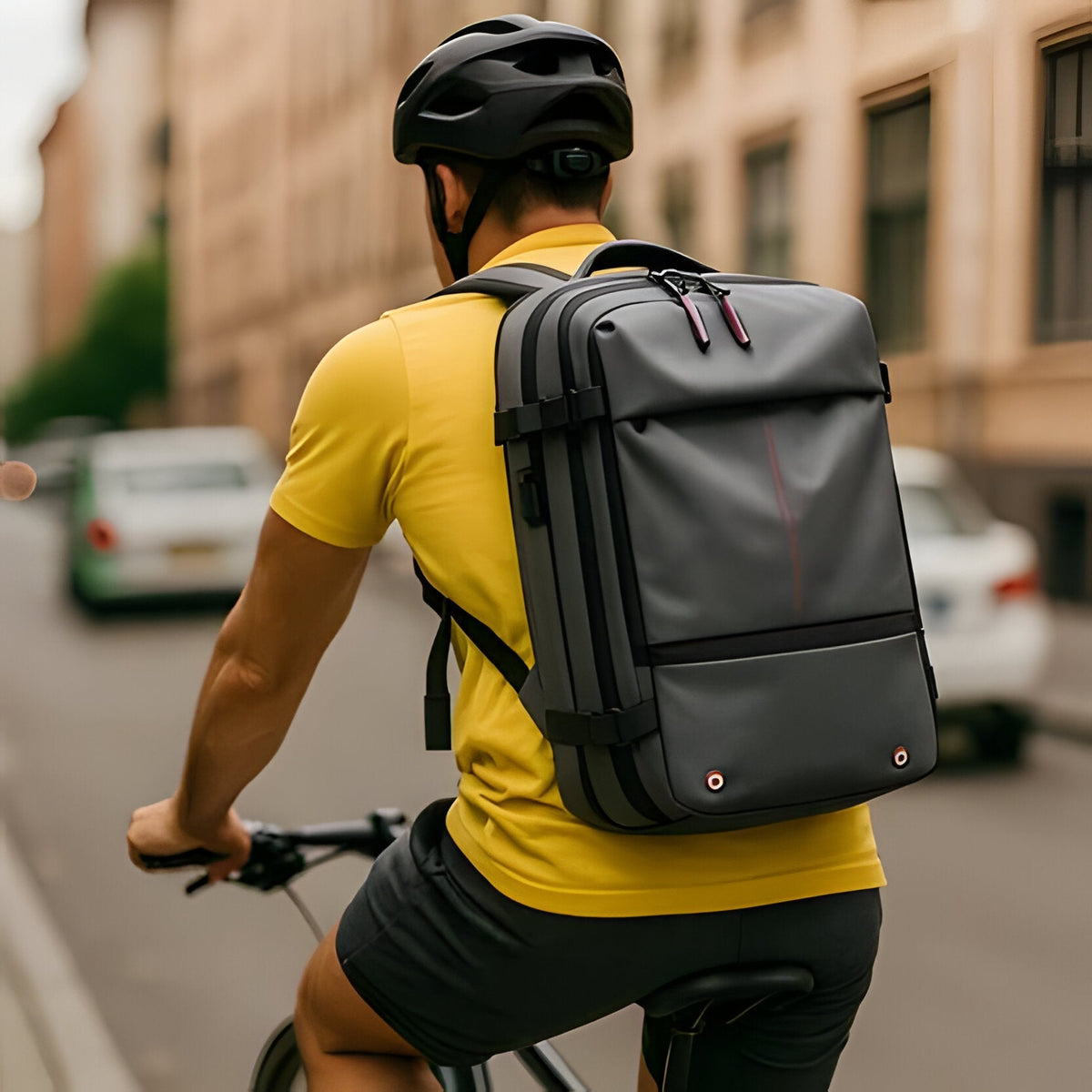 Belro structured rucksack with internal compression system, featuring adjustable straps and multiple compartments for activewear storage.