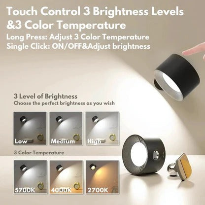 Belro rechargeable wall light with 360° rotation mounted on wall, ideal for versatile lighting in home or office.