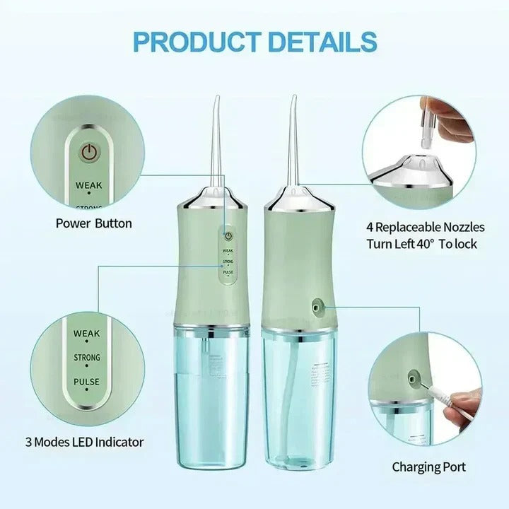 Belro rechargeable water flosser for men, compact and portable dental care device with water reservoir and nozzle attachment.