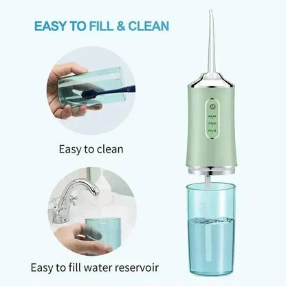 Belro rechargeable water flosser, compact and portable, displayed on a white background with its nozzle attached.