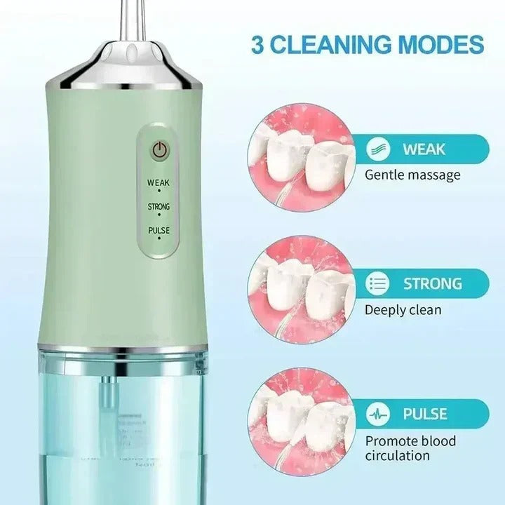 Belro rechargeable water flosser, compact device with water jet for oral hygiene, shown on a clean white background.