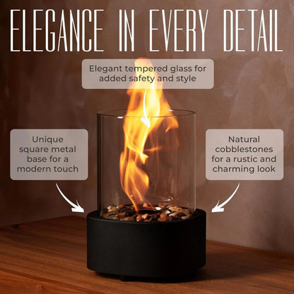 Belro portable glass tabletop fireplace for outdoor use, featuring a sleek design ideal for home and garden ambiance.