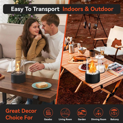 Belro portable glass tabletop fireplace for outdoor use, featuring a sleek glass design and compact size for home and garden décor.