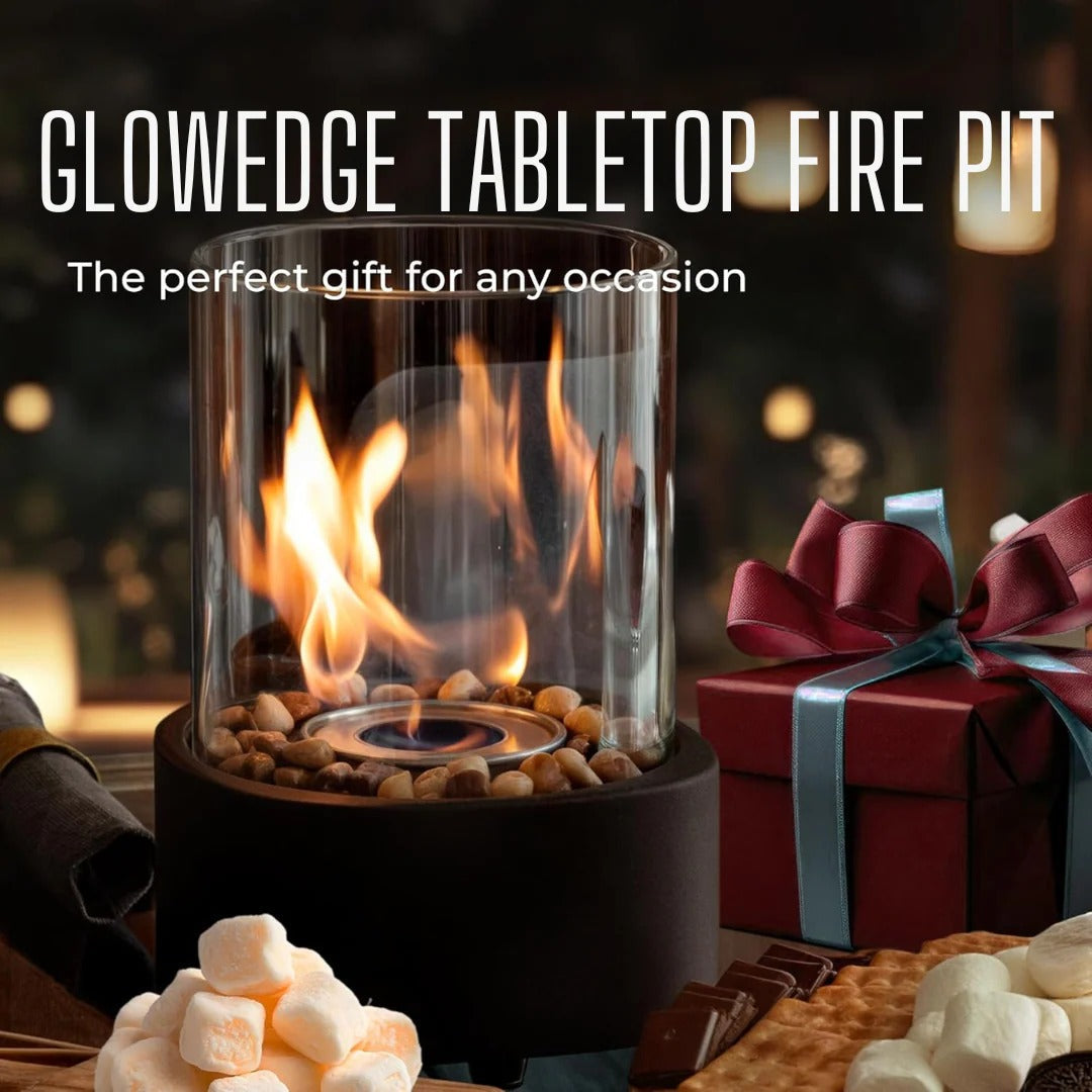 Belro portable glass tabletop fireplace for outdoor use, featuring a sleek design and clear glass enclosure.