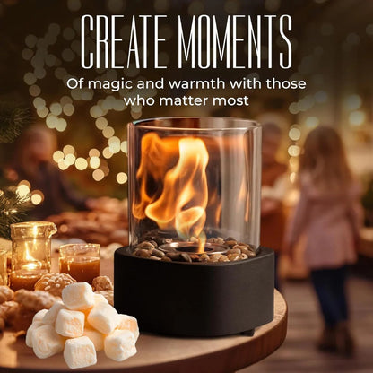 Belro portable glass tabletop fireplace for outdoor home and garden use, with sleek glass design and compact size.