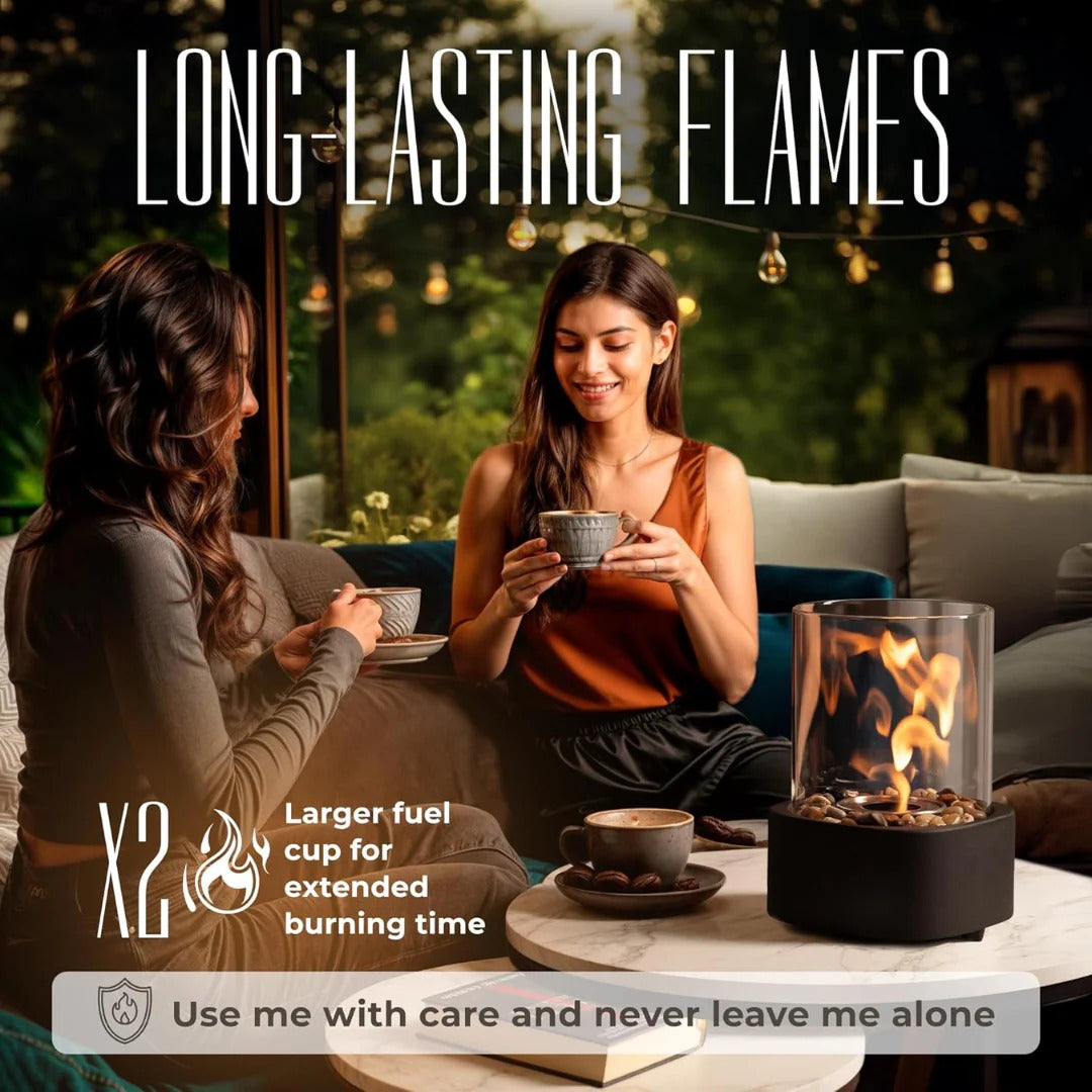 Belro portable glass tabletop fireplace for outdoor use, featuring a sleek design and clear glass enclosure for home and garden decor.