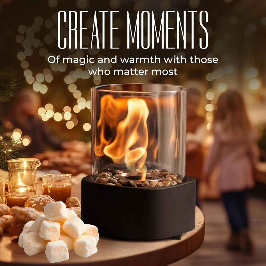 Belro portable glass tabletop fireplace for outdoor use, with sleek glass surface and compact design for home and garden decor.