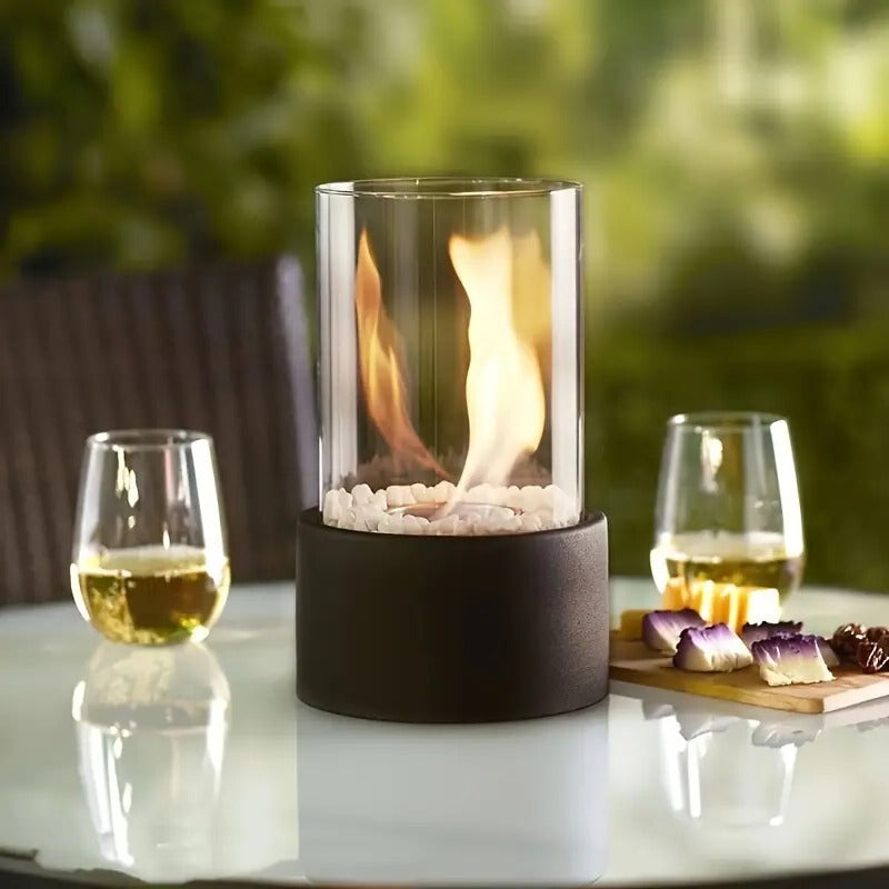 Belro portable glass tabletop fireplace for outdoor use, featuring sleek glass design and compact size for home and garden decor.