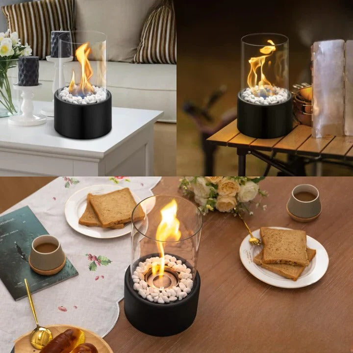 Belro portable glass tabletop fireplace on outdoor table, modern home and garden decor, with clear glass and metal accents