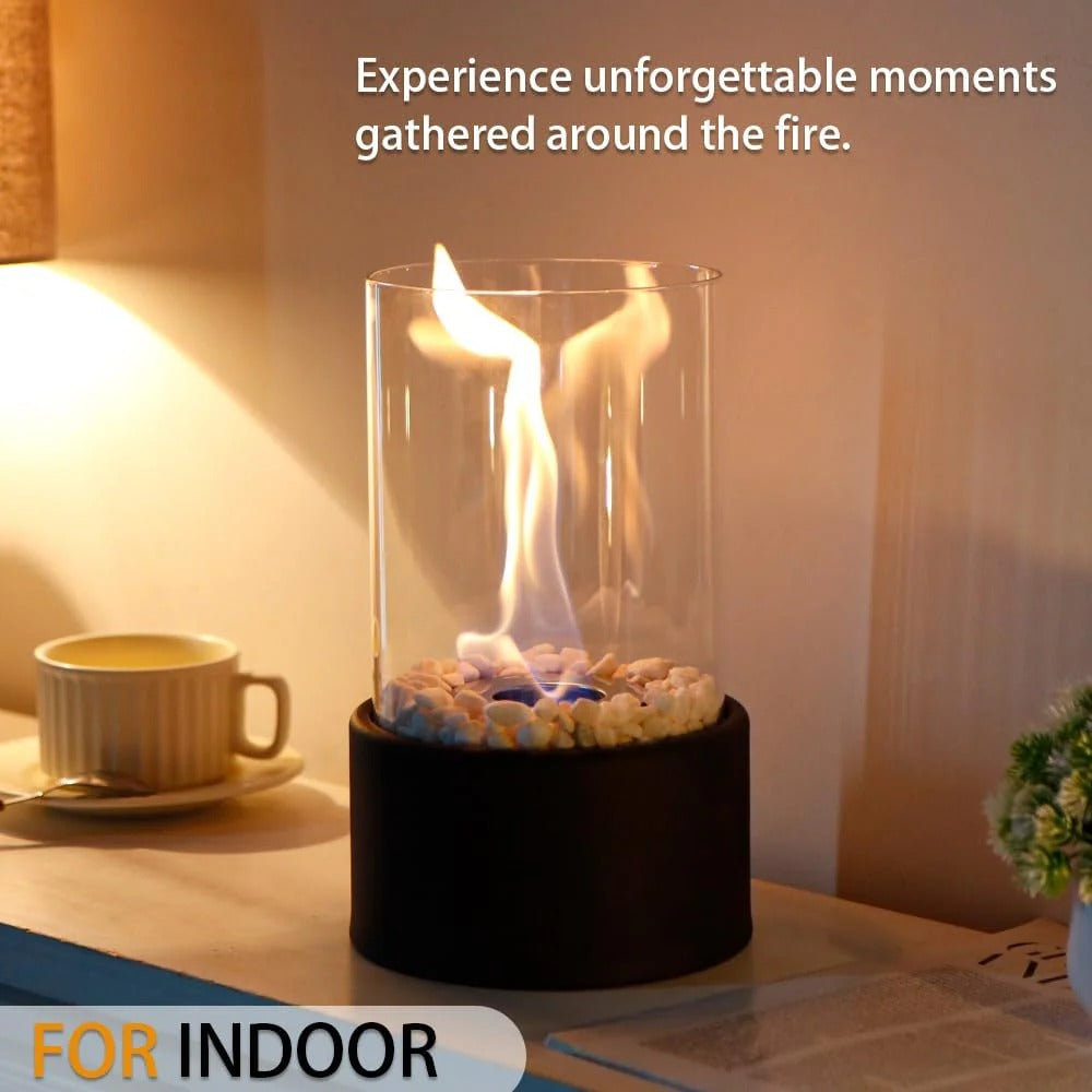 Belro portable glass tabletop fireplace for outdoor use, featuring a sleek design and clear glass enclosure for home and garden decor.