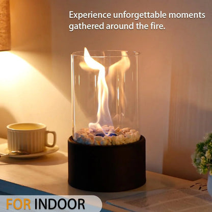 Belro portable glass tabletop fireplace for outdoor use, featuring a sleek design and clear glass enclosure for home and garden decor.