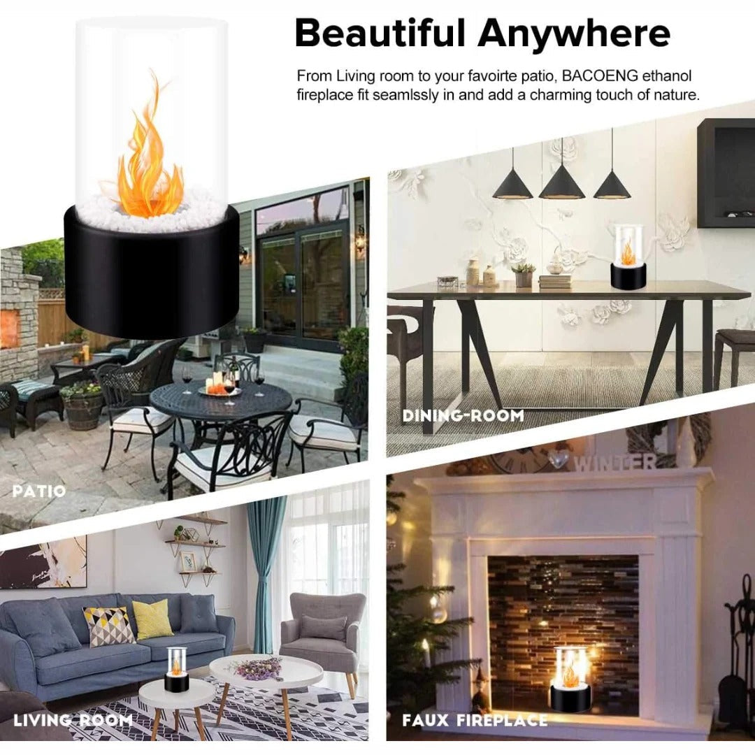 Portable glass tabletop fireplace by Belro for outdoor home and garden decor, featuring a sleek design with visible flames.