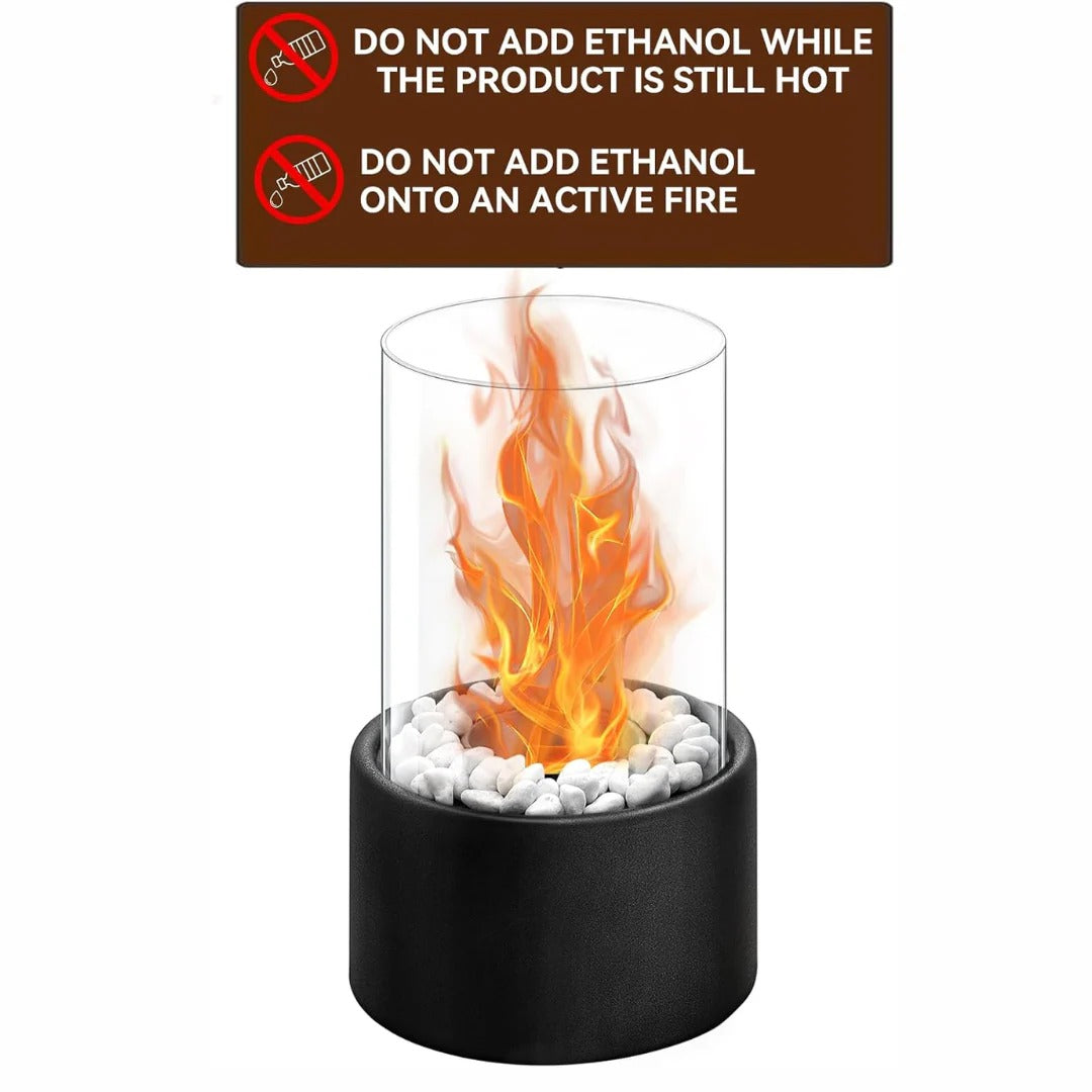 Belro portable glass tabletop fireplace for outdoor use, featuring sleek glass design and compact size for home and garden decor.