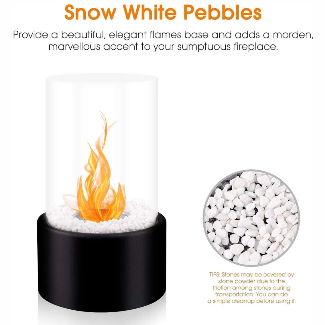 Belro portable glass tabletop fireplace for outdoor use, with clear glass sides and a metal base, perfect for cozy outdoor spaces.