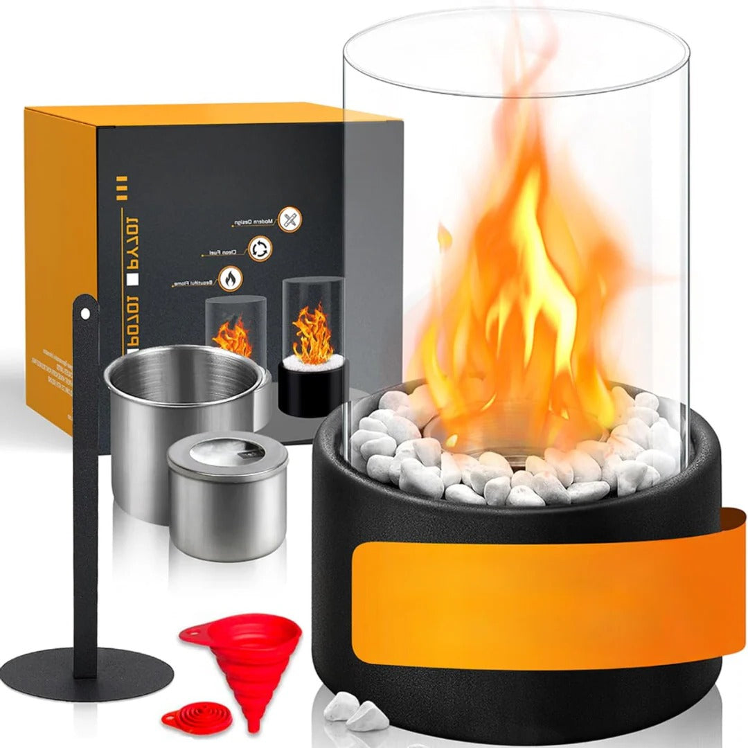 Belro portable glass tabletop fireplace for outdoor use, featuring sleek design and clear glass panels for cozy ambiance.