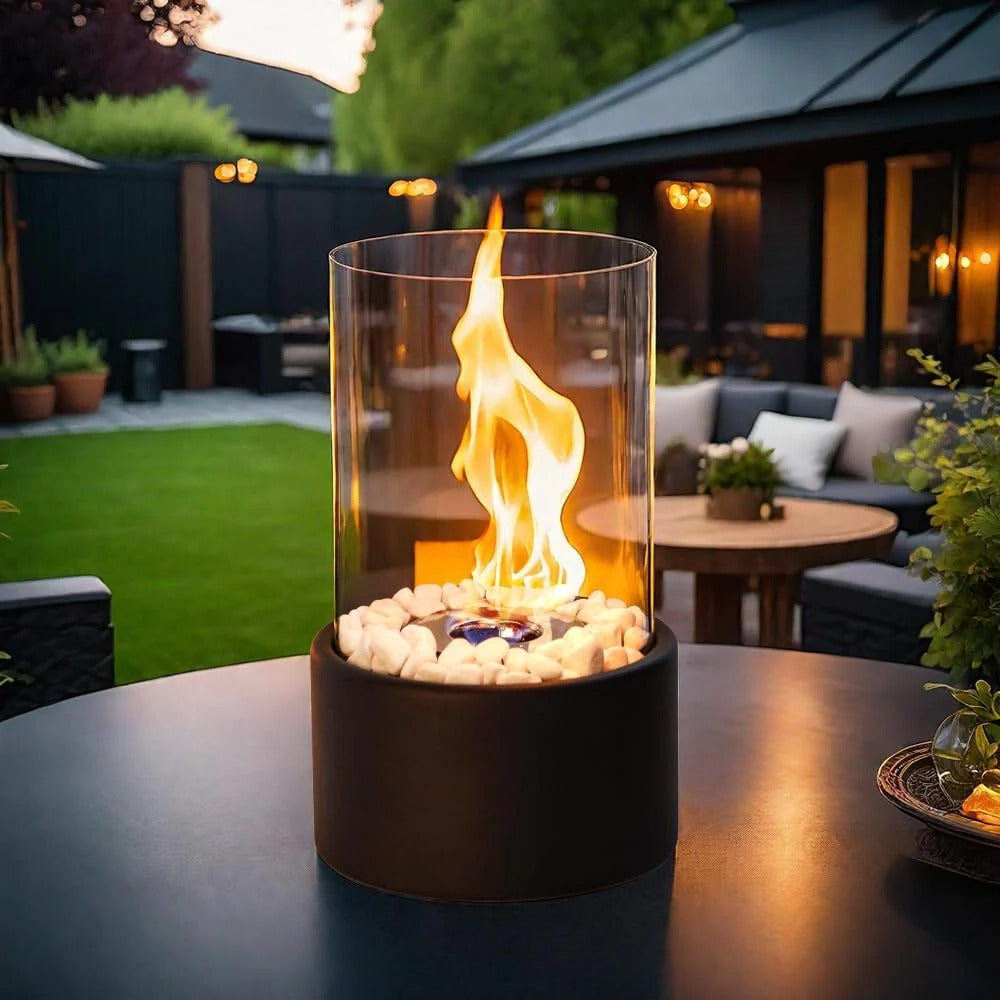 Belro portable glass tabletop fireplace for outdoor use, featuring a sleek design and clear glass enclosure for ambiance.