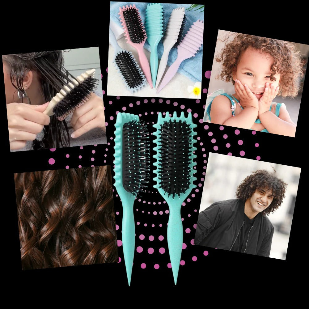 Belro Curl Defining Brush for hair care, featuring flexible bristles for enhancing natural curls and reducing frizz.