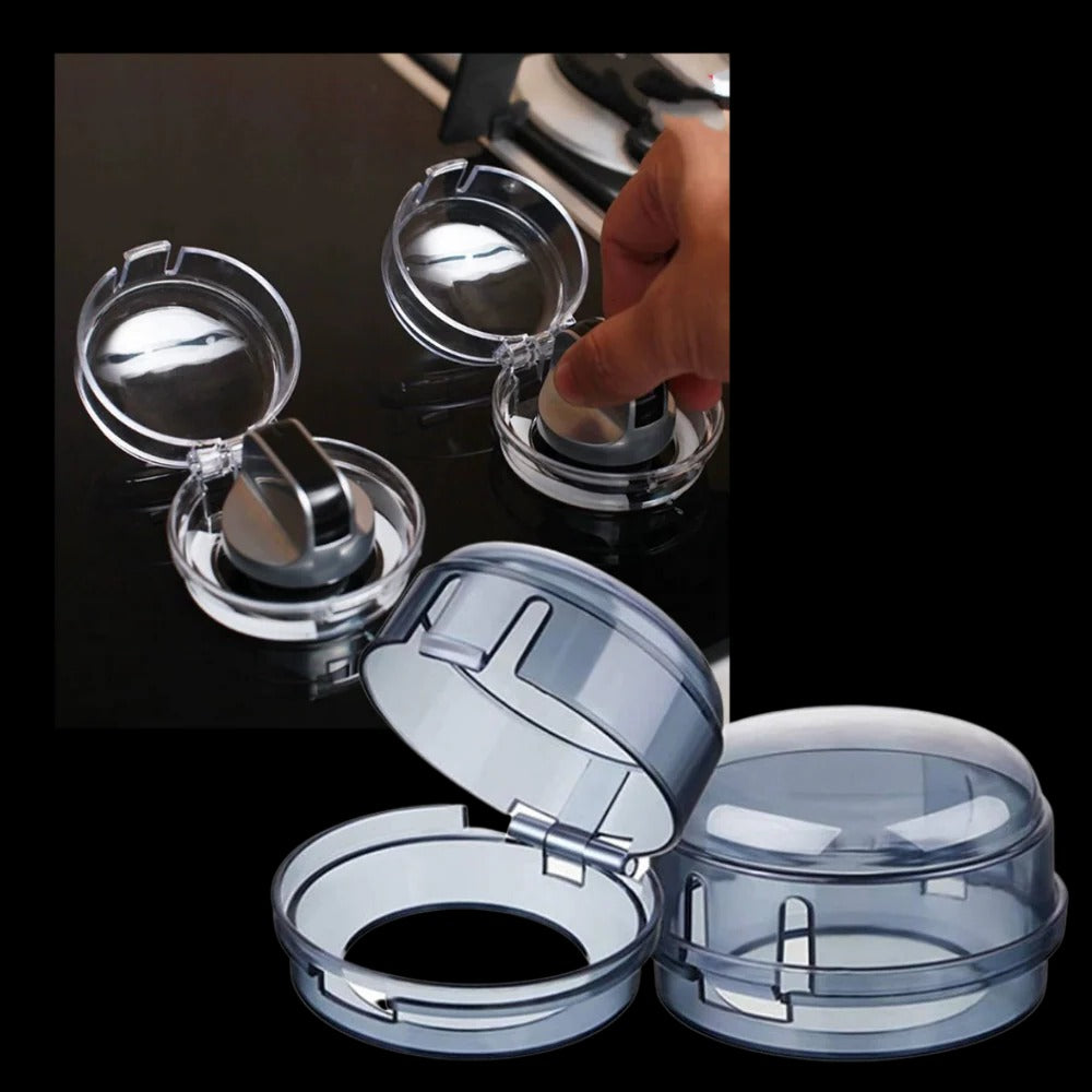 Belro gas stove knob protector set installed on a kitchen stove, preventing accidental knob turning and ensuring safety.