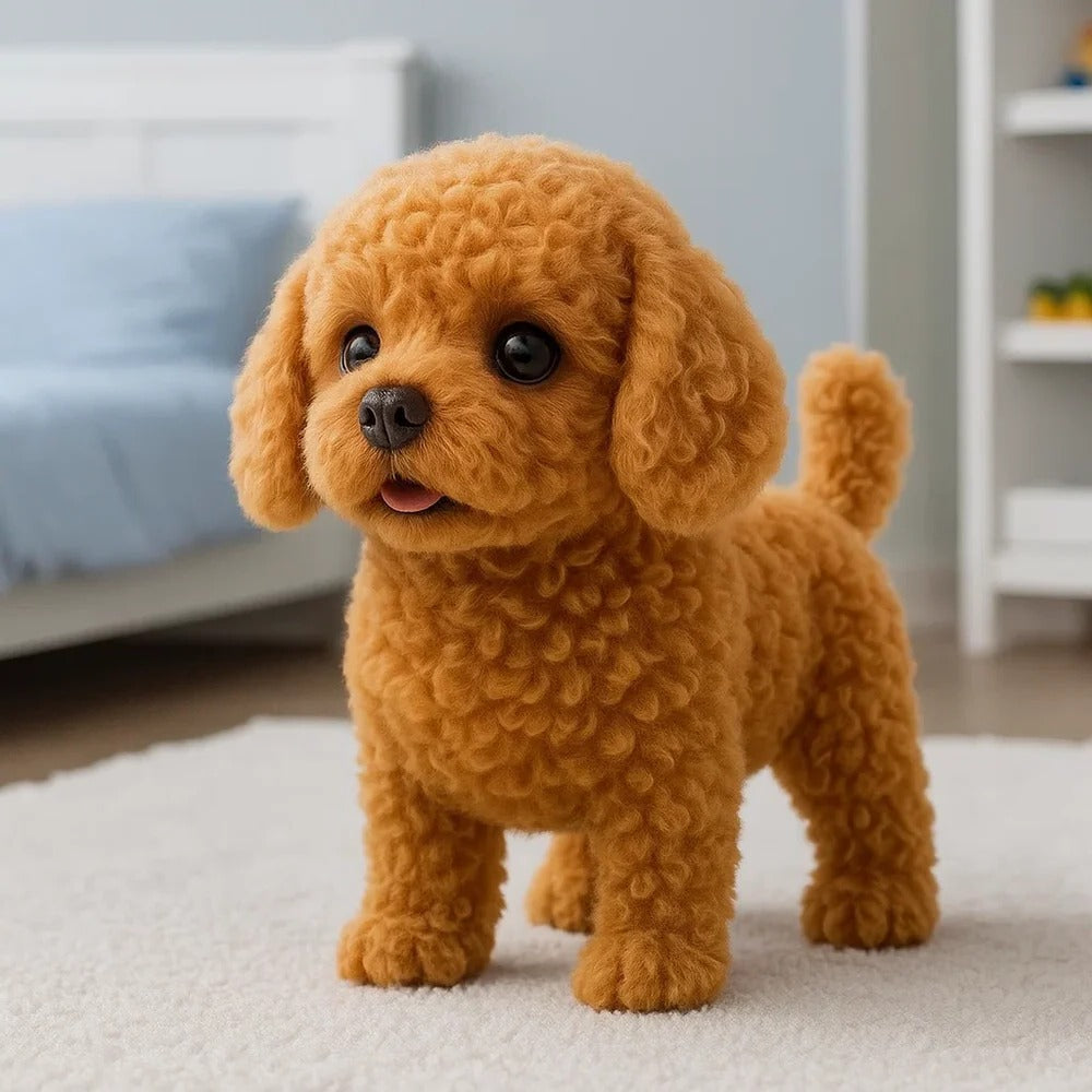 Realistic Belro plush puppy toy for cats, soft and interactive pet toy designed for feline play and companionship.