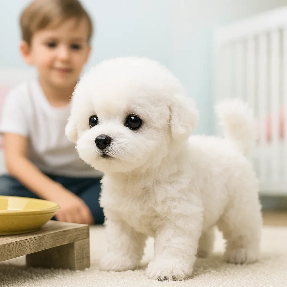 Realistic Belro plush puppy toy for cats, soft and interactive pet toy with lifelike features, ideal for play and cuddling.