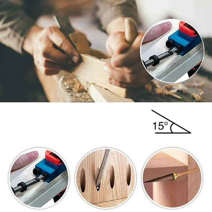 Belro woodworking angle drill guide tool, a sturdy metal tool with adjustable angles for precise drilling in woodworking projects.