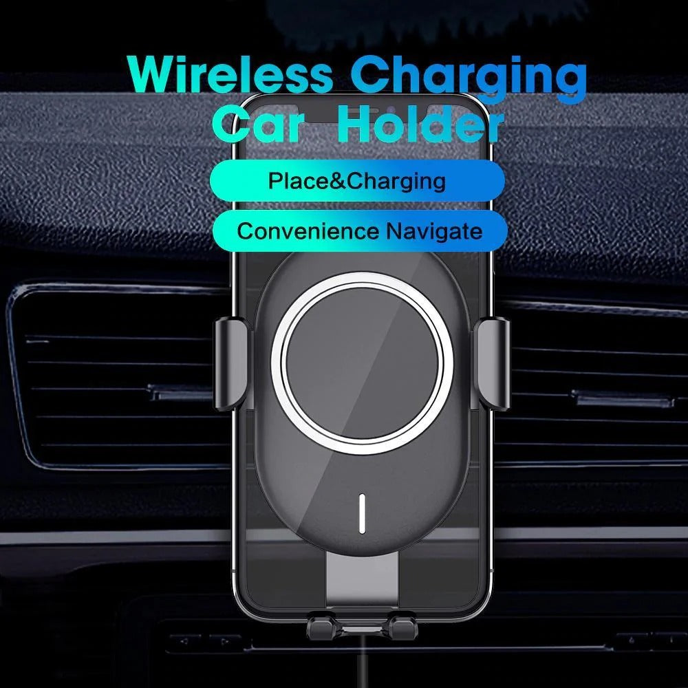 Belro auto clamping wireless car charger mounted in a vehicle, showcasing its sleek design and automatic gripping feature.