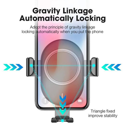 Belro auto clamping wireless car charger attached to a car dashboard holding a smartphone for charging.