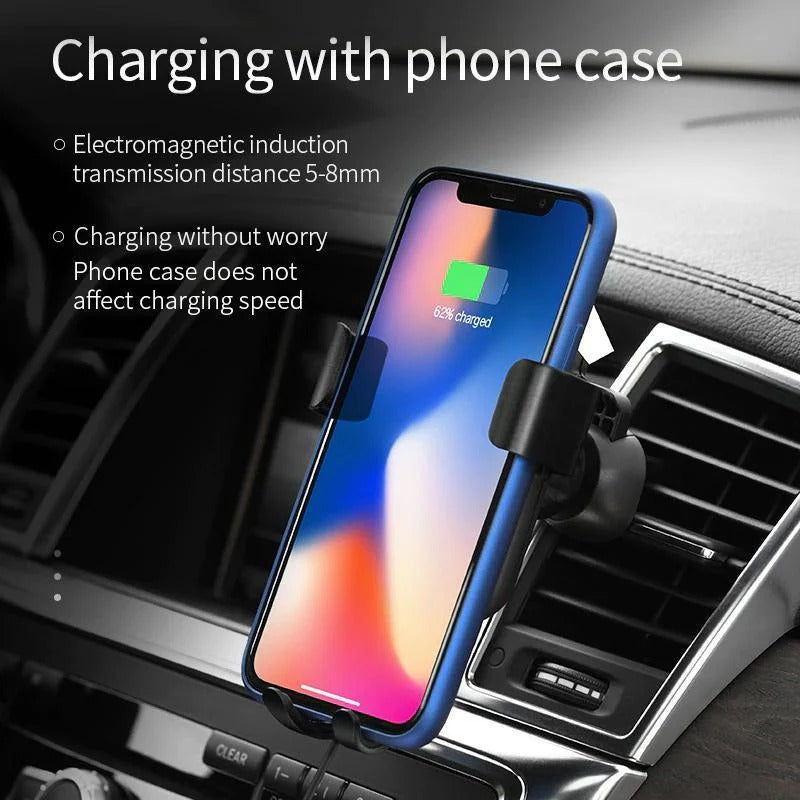Belro auto clamping wireless car charger mounted in a vehicle, showing sleek design and adjustable clamps for smartphone charging.