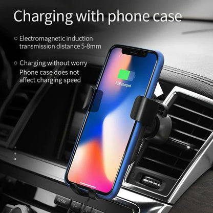 Belro auto clamping wireless car charger mounted in a vehicle, showing sleek design and adjustable clamps for smartphone charging.