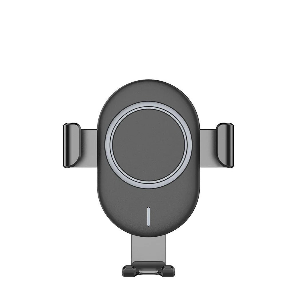 Belro auto clamping wireless car charger mounted on a car dashboard, showing its sleek design and automatic clamp mechanism.