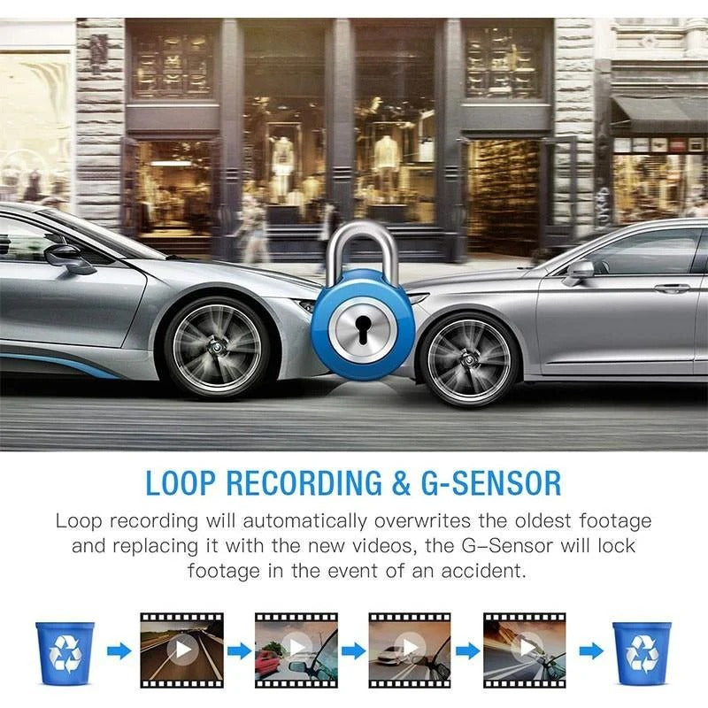 Belro 1080P Full HD dash cam displaying a car dashboard with mounted camera for vehicle recording and safety.
