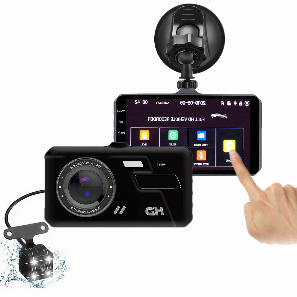 Belro 1080P Full HD dash cam showing front view with lens and dashboard mount in a car interior.