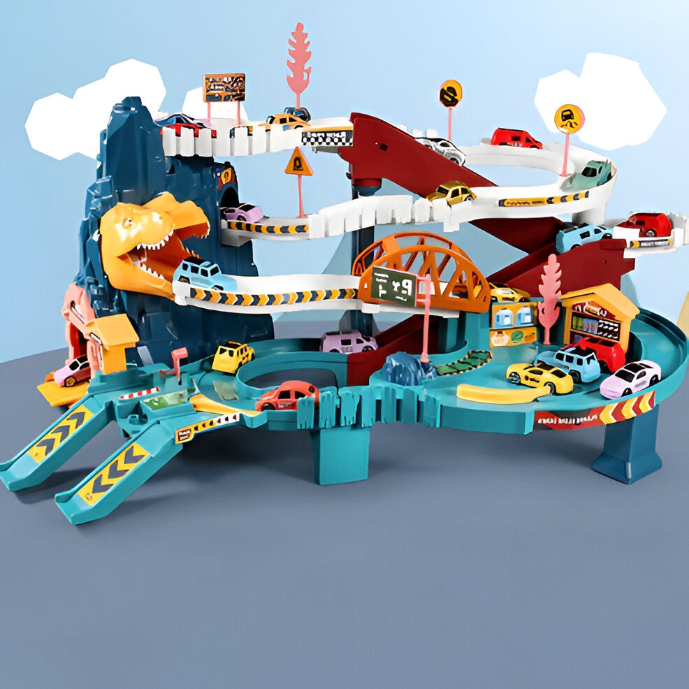 Colorful dinosaur-themed race track for automotive play by Belro, featuring winding roads and dinosaur figures for imaginative racing fun.