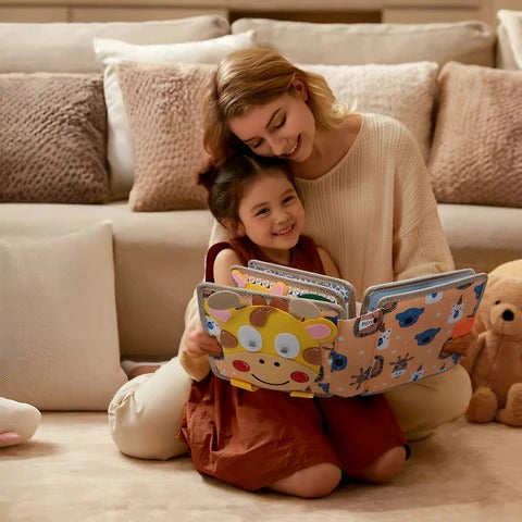 Belro Montessori Book for Early Learning, displayed on a clothing hanger, features colorful educational illustrations for young children.