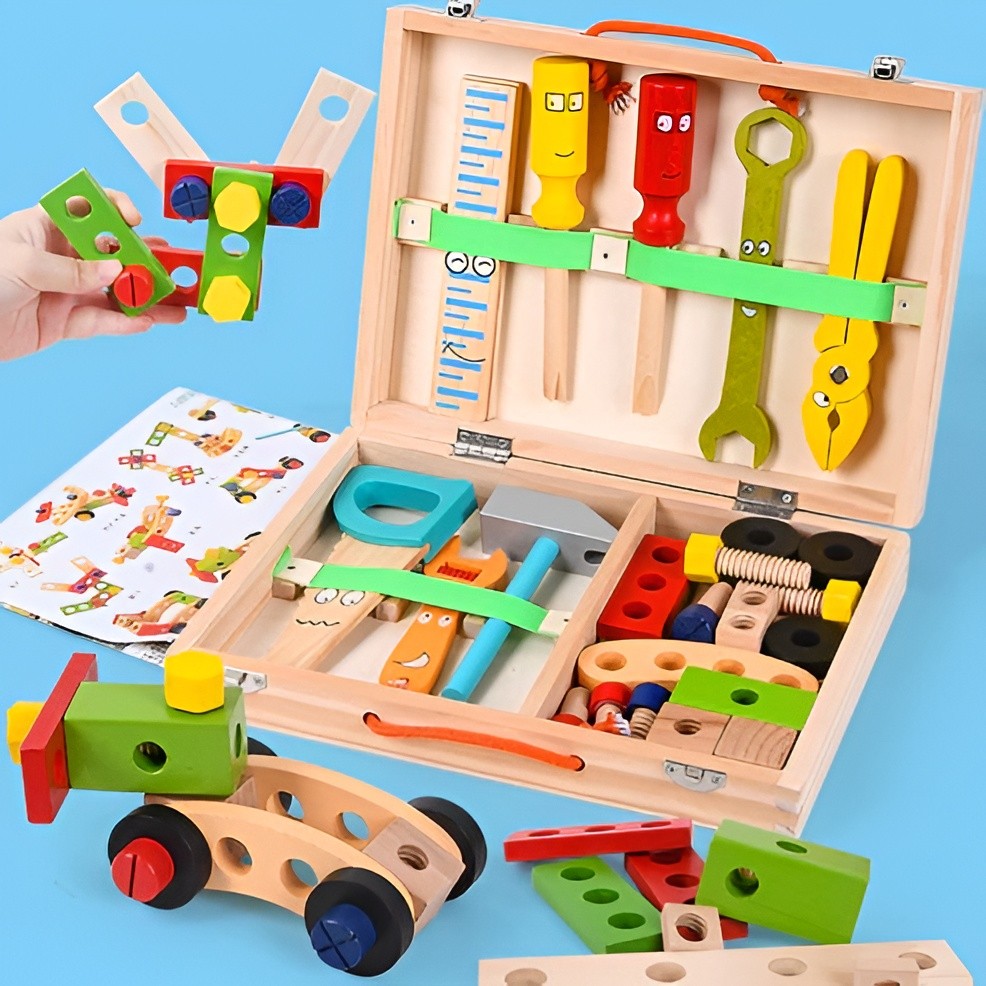 Children's toolbox set by Belro with colorful plastic tools and hardware for pretend play and early DIY learning.