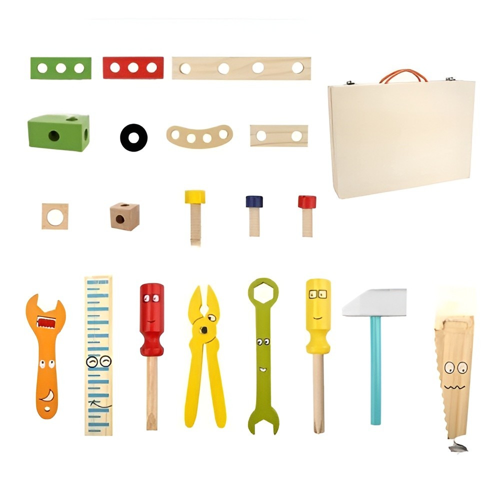 Children's toolbox set by Belro with colorful plastic tools and hardware for pretend play and learning.