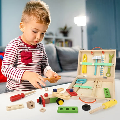Children's toolbox set by Belro with colorful plastic tools and hardware for kids' pretend play and learning.