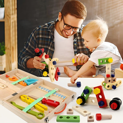 Children's toolbox set by Belro with colorful plastic tools and hardware, perfect for kids' pretend play and early tool skills.