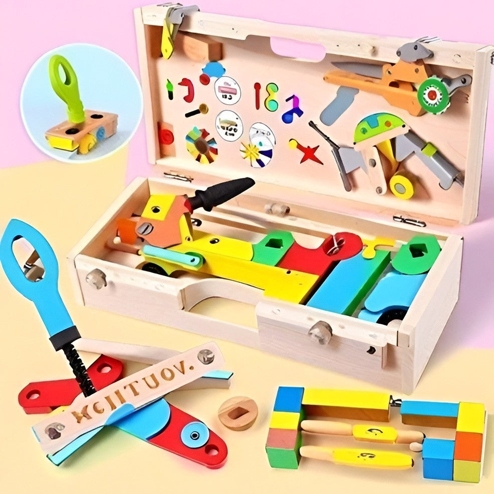 Belro children's toolbox set with colorful plastic tools and hardware for kids, ideal for pretend play and learning.