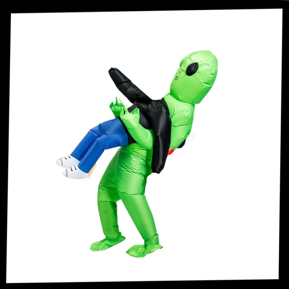 Belro inflatable alien costume, full-body costume with bright green and purple design, suitable for cosplay or themed events.
