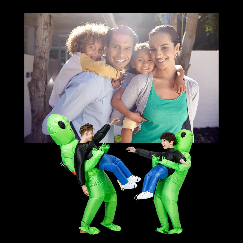 Belro inflatable alien costume worn as a fun, vibrant clothing costume featuring bright green alien design with large eye details.