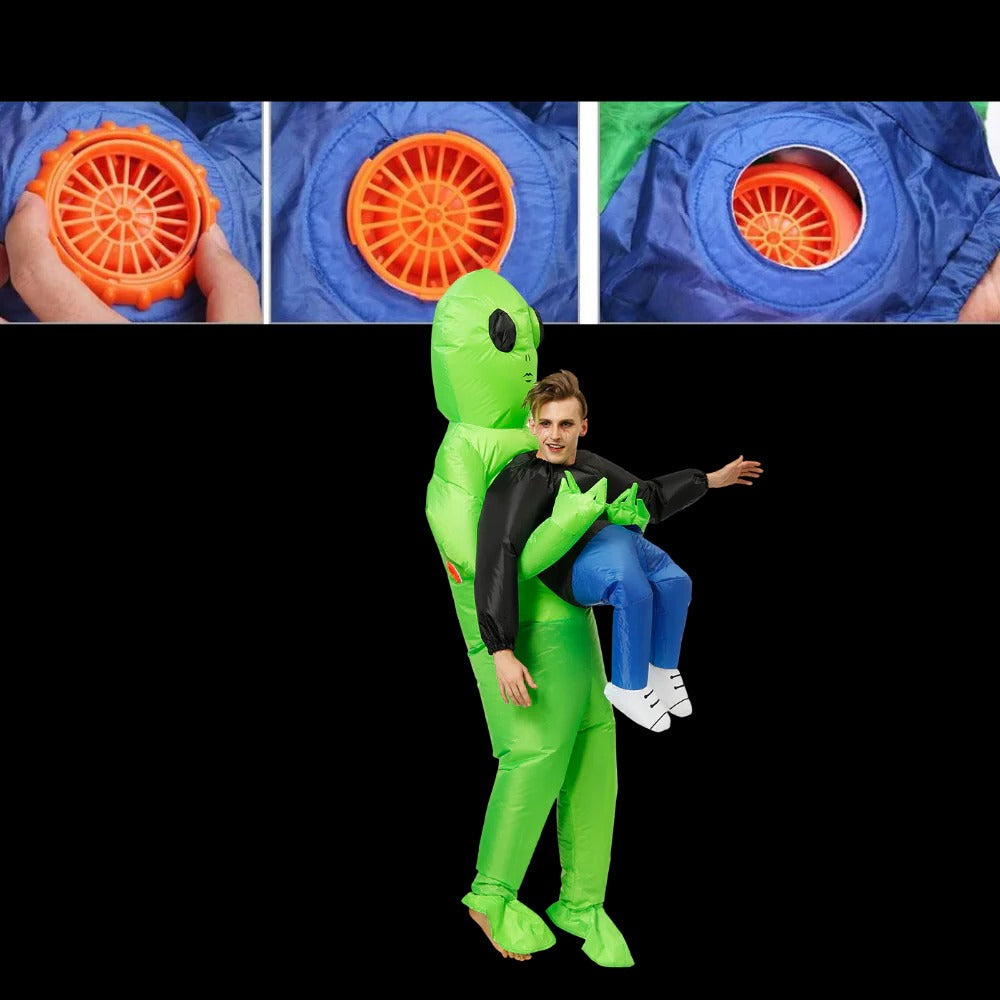 Belro inflatable alien costume worn by a person, featuring green alien design with large eyes and space-themed details.