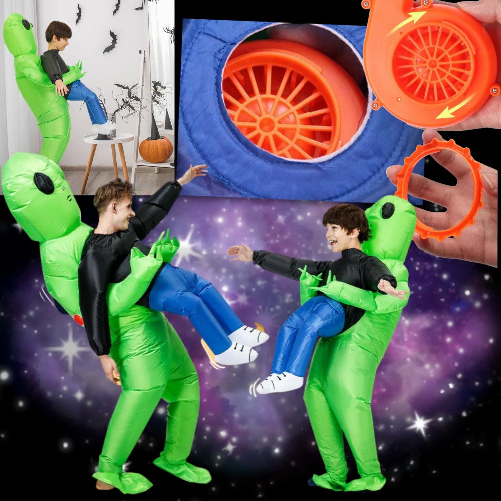 Belro inflatable alien costume worn by a person, featuring a green alien suit with large eyes and inflatable design for fun costume wear.